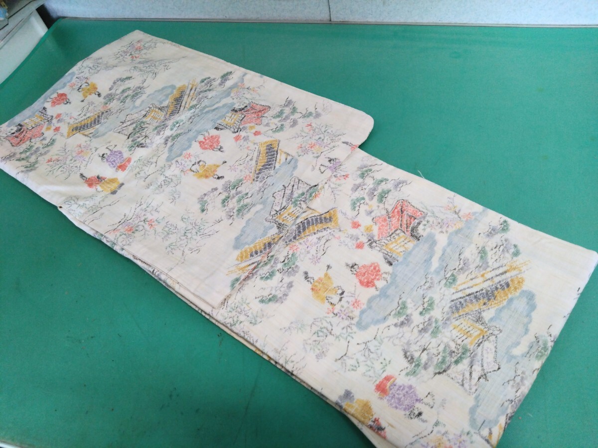 ● 111 紬? 綿? 着物 粋 な人物 風景 御所車 水景 日本 庭園 暈し 絵 中古 美品 ③拍卖