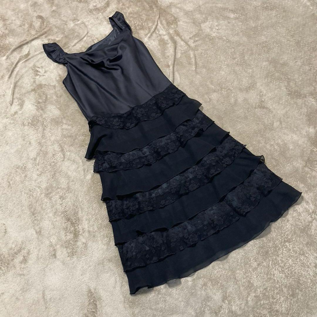 コムサイズム ワンピースドレス M 黒 サテン フリル レース ティアード拍卖