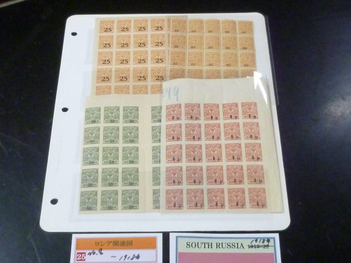 25F M №8 ロシア関連国切手 1918年 SOUTH RUSSIA SC#6-50の内 各種ブロック 計4種 未使用NH 拍卖