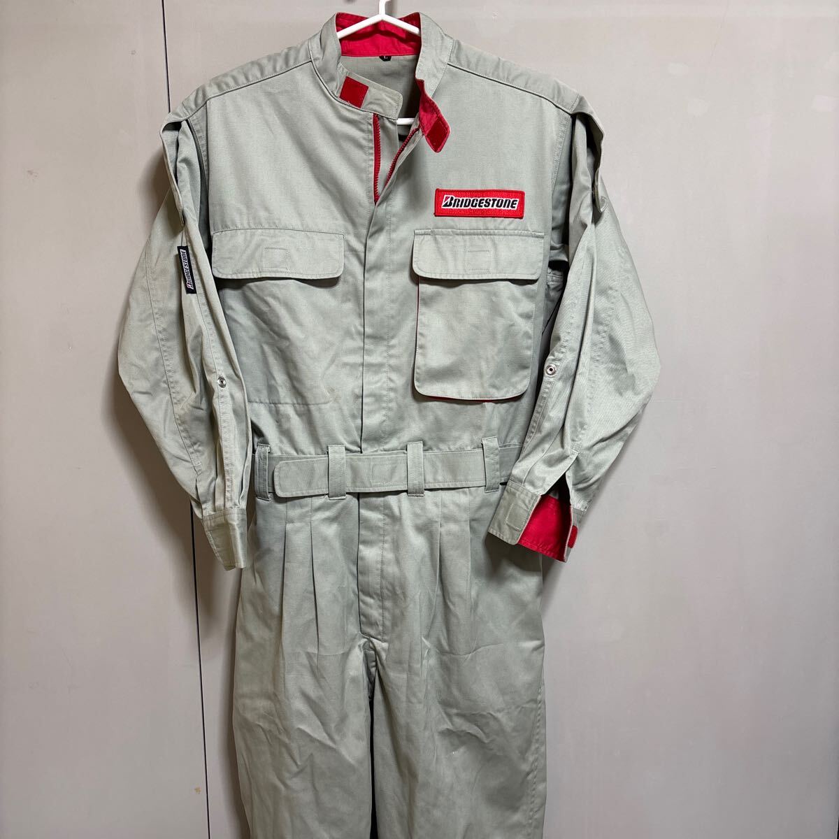 激レア BRIDGESTONE オールインワン 当時物 ☆ L GLAY系色 ☆ 長袖 作業着 つなぎ メカニックスーツ ☆ 拍卖