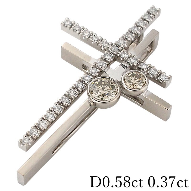 カシケイ ブラウンダイヤモンド/0.58ct ダイヤ/0.37ct クロス ペンダントトップ K18WG拍卖