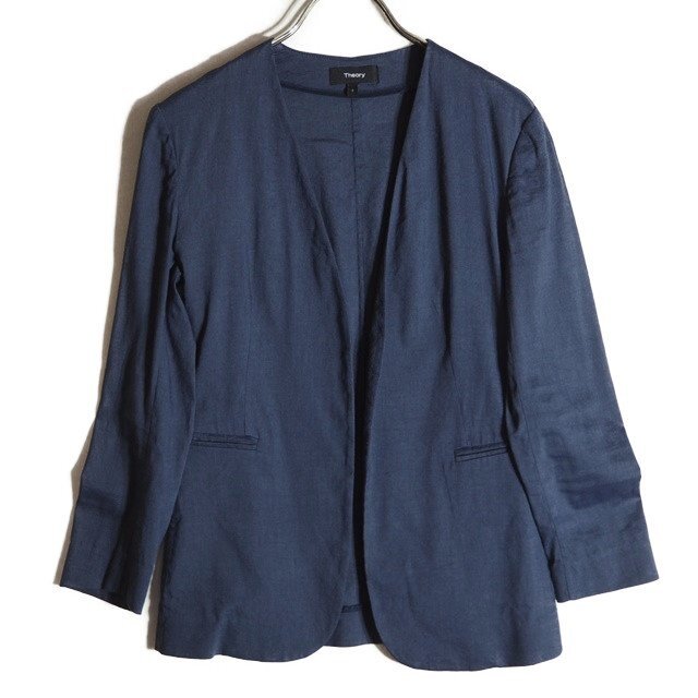 P7930f62 ▼theory セオリー▼ CRUNCH LINDRAYIA リネンレーヨン ノーカラージャケット ネイビー 2 / サマージャケット 紺 春夏拍卖