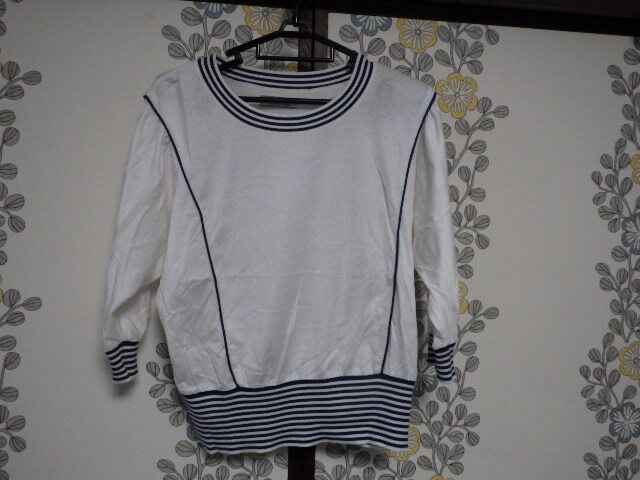 レリアン カットソー マリン調 ラグラン袖 シロ×紺 拍卖