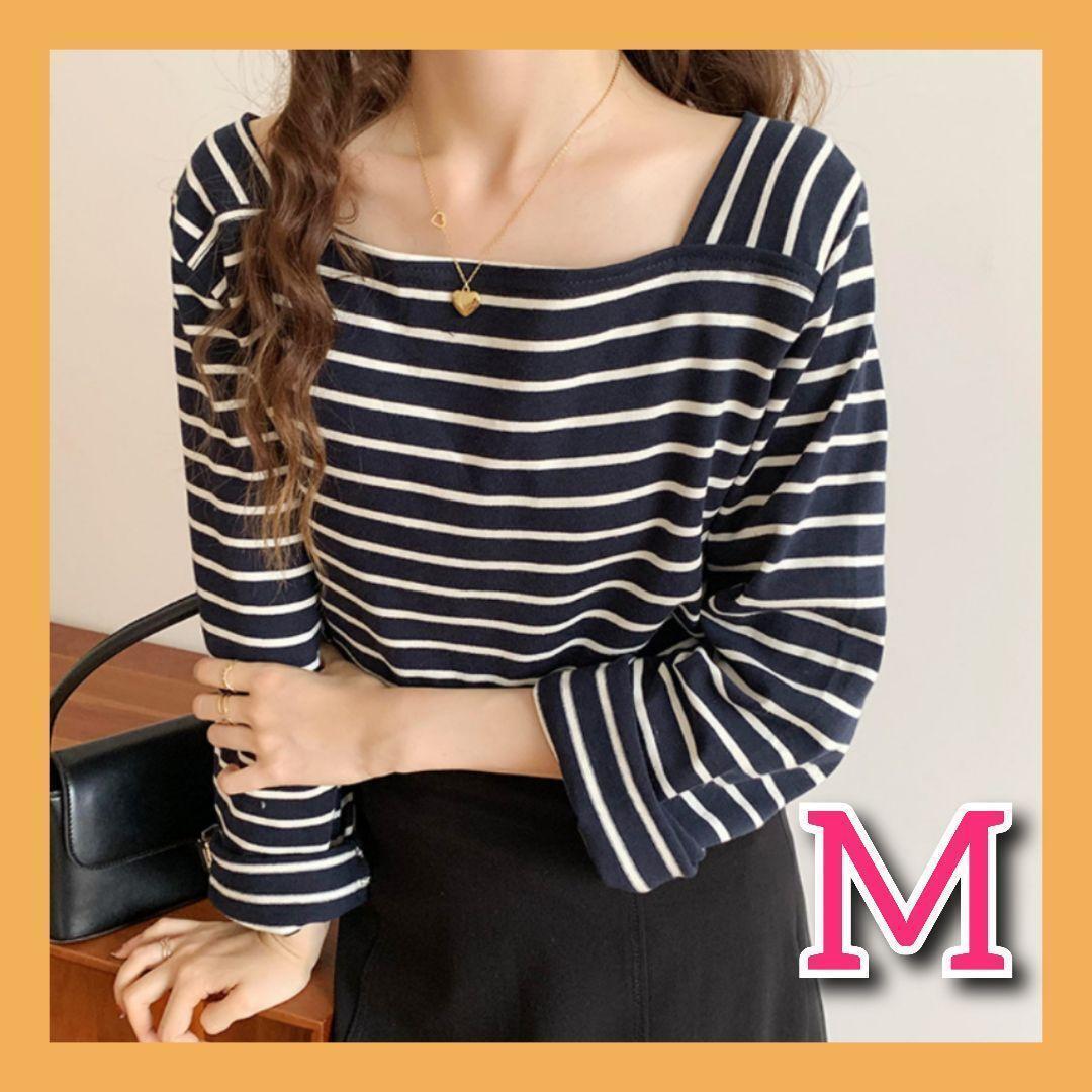 スクエアネック ボーダー Tシャツ 長袖 ロングT カットソー チュニック 春 秋 M コットン ネイビー拍卖