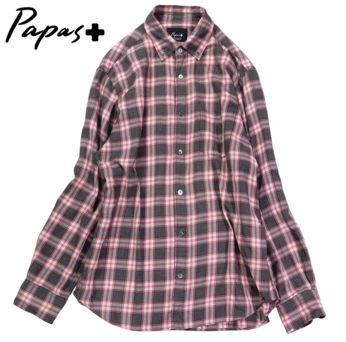 パパス Papas+上質◆コットン チェック シャツ L拍卖