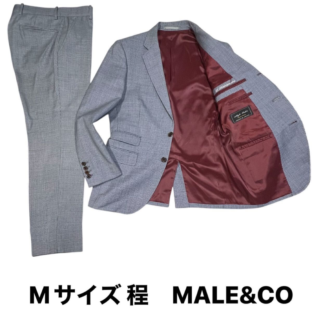 タカキュー MALE&Co. オーダーメイド セットアップスーツ総裏ボルドー 千鳥格子チェック チェンジポケット 袖本開き M相当細身拍卖