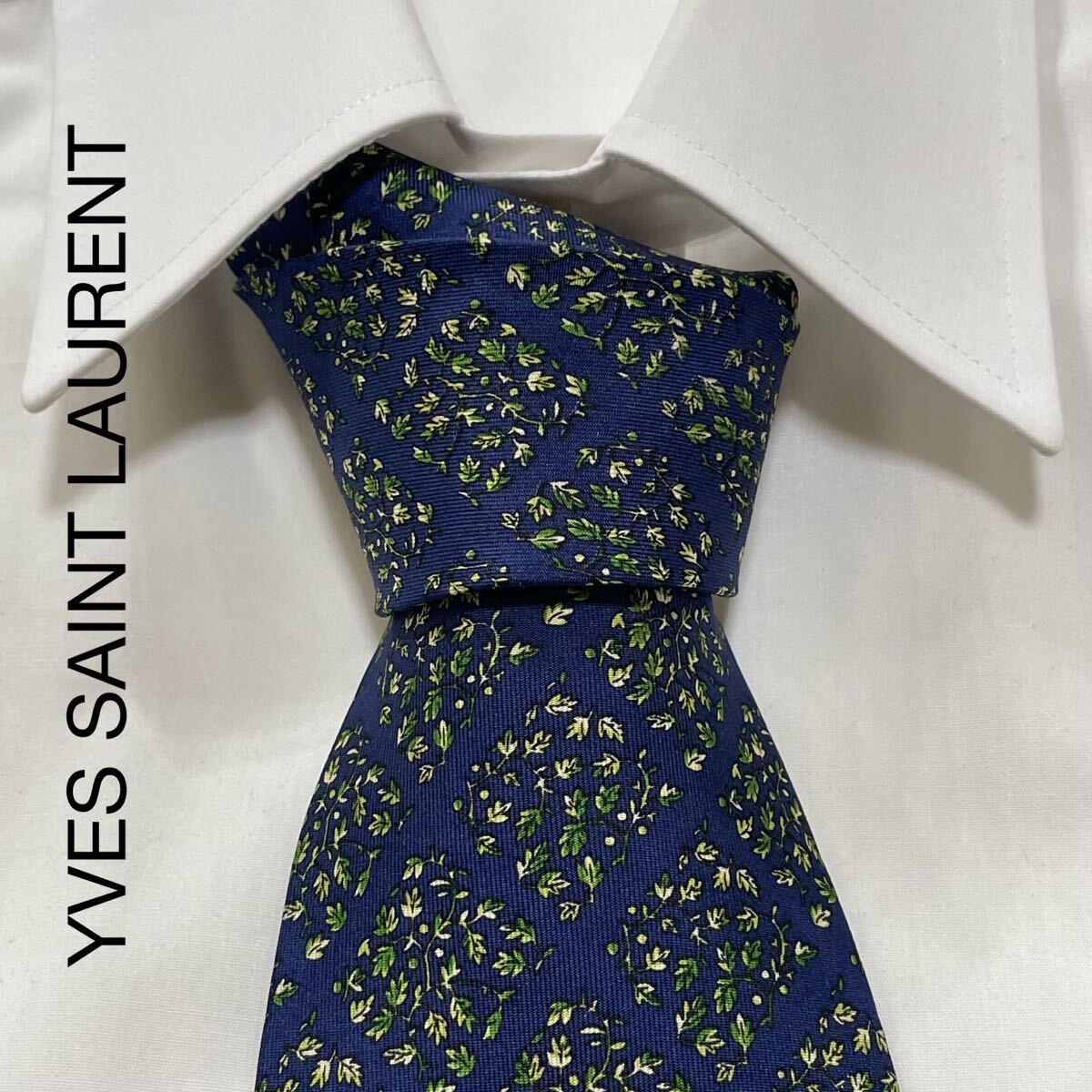 YVES SAINT LAURENT イヴサンローラン 格子 植物柄 デザイン シルク ネクタイ ネイビー TG1158拍卖