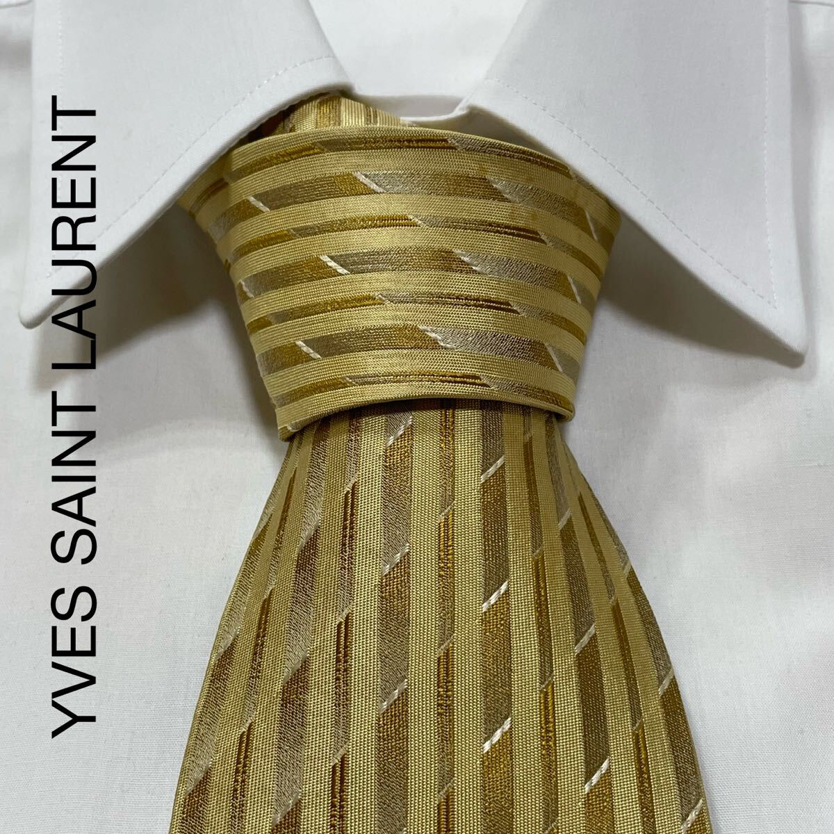 YVES SAINT LAURENT イヴサンローラン ストライプ ジャガード シルク ネクタイ イエロー TG1203拍卖