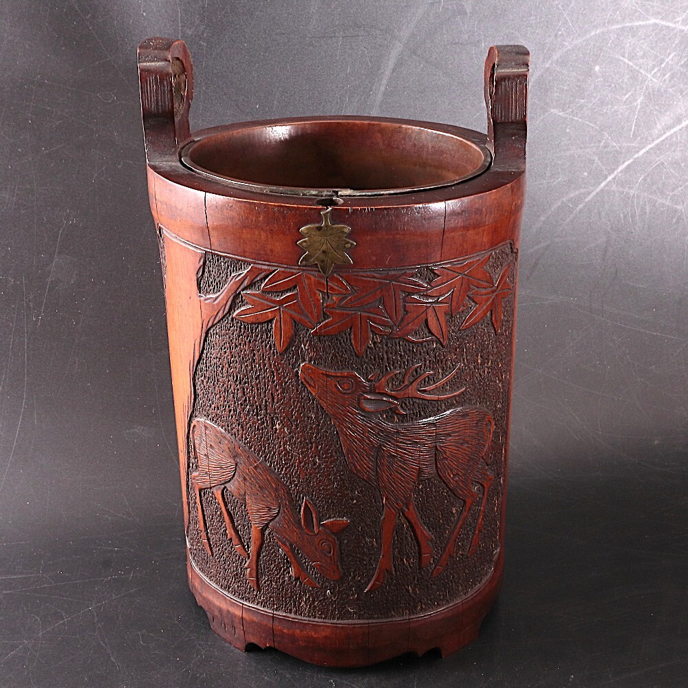 ◆◇時代 古竹鹿紅葉図 筆筒 筆立 書道具 骨董◇◆拍卖