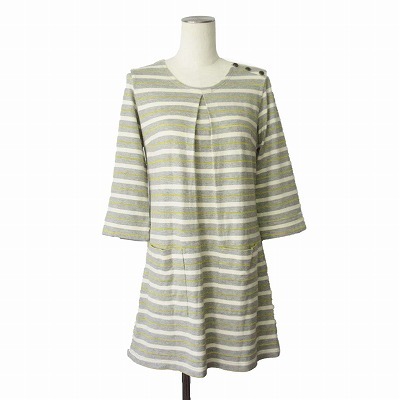 シンプルライフ SIMPLE LIFE レナウン カットソー チュニック ボーダー 七分袖 M グレー レディース拍卖
