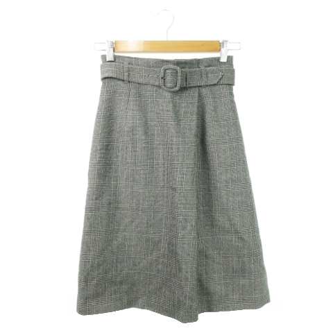 ナチュラルビューティー NATURAL BEAUTY スカート フレア ミモレ ロング ウール ベルト グレンチェック 小さいサイズ 34 グレー /AH5 レデ拍卖