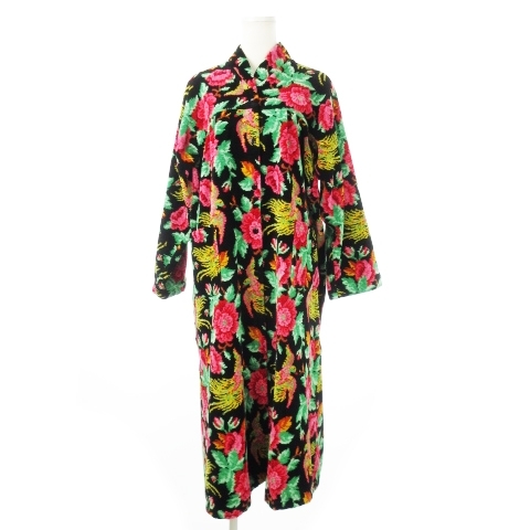 未使用品 フェイラー FEILER ガウン コート ルームウェア ロング シュニール織 フロントボタン 総柄 花柄 LT 黒 ブラック レディース拍卖