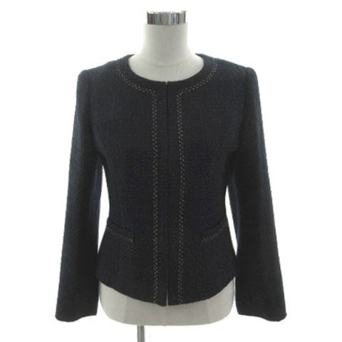 インディヴィ INDIVI ネオブライトツイードジャケット 127-48001 フォーマル ノーカラー 日本製 ウール混 ネイビー 紺 シルバー 40拍卖