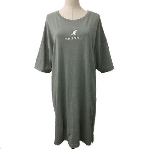 カンゴール KANGOL ワンピース Iライン 膝丈 刺繍 ロゴ オーバーサイズ 五分袖 M 緑 白 グリーン ホワイト レディース拍卖