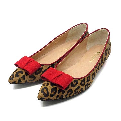 ダイアナ DIANA レオパード ヒョウ柄 ハラコ パンプス ポインテッドトゥ リボン ブラウン レッド 25.5cm レディース拍卖
