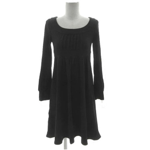 クイーンズコート QUEENS COURT ワンピース ニット ボートネック プリーツ 長袖 ひざ丈 胸下ゴム ギャザー 日本製 ウール 黒 2拍卖