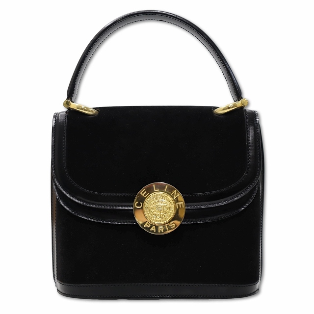 セリーヌ CELINE ヴィンテージ スエード×パテントレザー サークルロゴ 地球儀 トップハンドル バッグ BLACK(ブラック) レディース拍卖