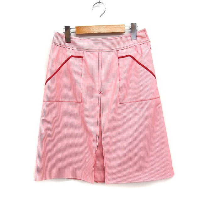 オゾック OZOC ストライプ タック スカート ひざ丈 台形 Aライン 38 レッド 赤 /FT29 レディース拍卖