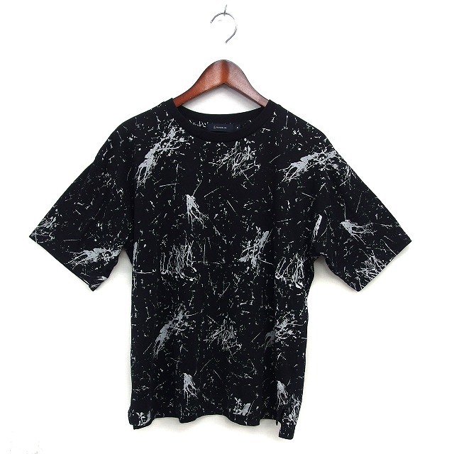 レイジブルー RAGEBLUE ボートネック ペイント柄 Tシャツ コットン混 リブ スリット 半袖 M 黒 ブラック /NT34 メンズ拍卖