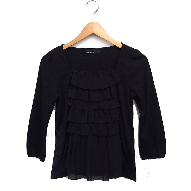 クリアインプレッション CLEAR IMPRESSION シフォン ティアード カットソー Tシャツ 7分袖 スクエアネック 無地 2 黒 /FT12 レディース拍卖