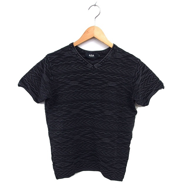アズールバイマウジー AZUL by moussy ニット Vネック カットソー Tシャツ ジャガード 幾何学模様 コットン 綿 半袖 S 黒 ブラック拍卖