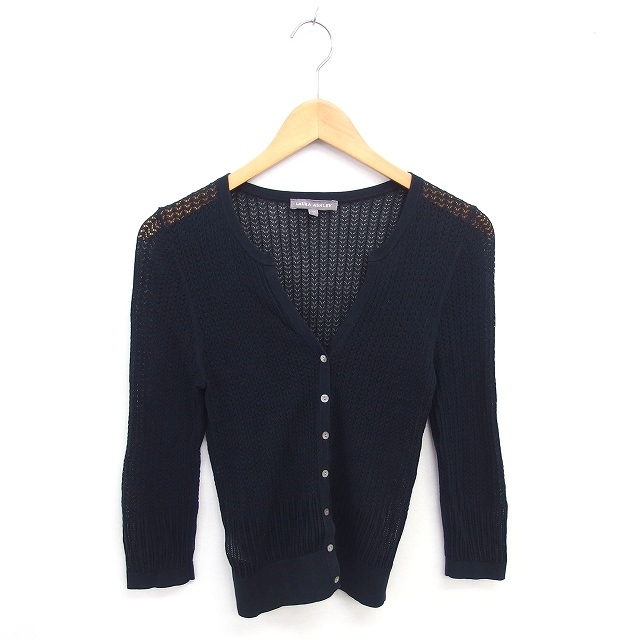 ローラアシュレイ LAURA ASHLEY カーディガン ニット 透け編み 薄手 七分袖 綿 コットン XS ブラック系 黒 /TT レディース拍卖