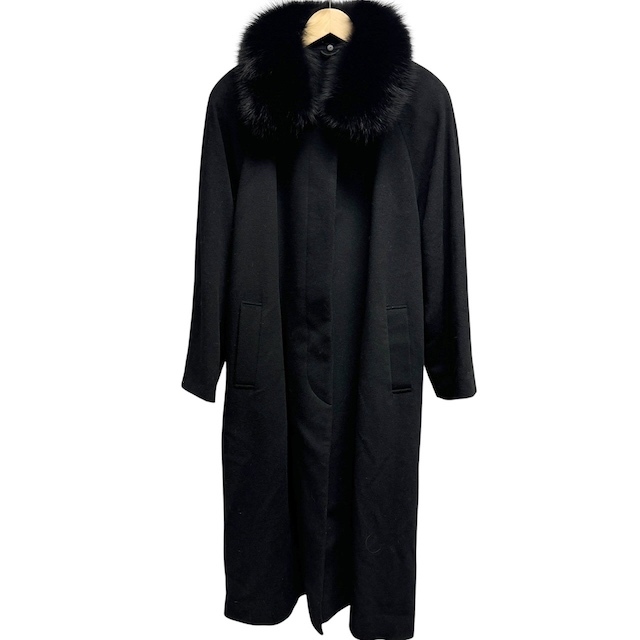 カシミヤ100% ロングコート ブルーフォックスファー 黒 ブラック 9AR M相当 レディース拍卖