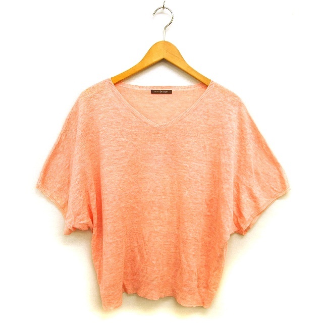 ミミ&ロジャー mimi&roger サマーニット セーター ワイド リネン メランジ Vネック スリット 透け感 五分袖 F ピンク /NT27 レディース拍卖