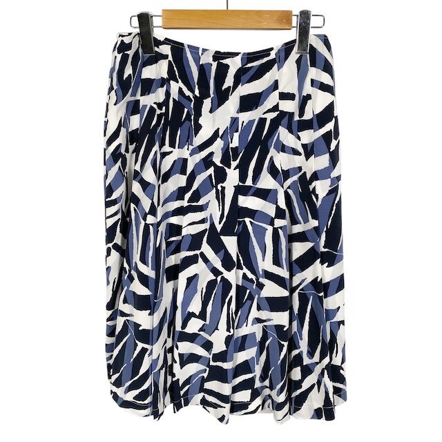ドゥクラッセ DoCLASSE ひざ丈プリーツスカート 総柄 ホワイト ネイビー 9 M相当 レディース拍卖