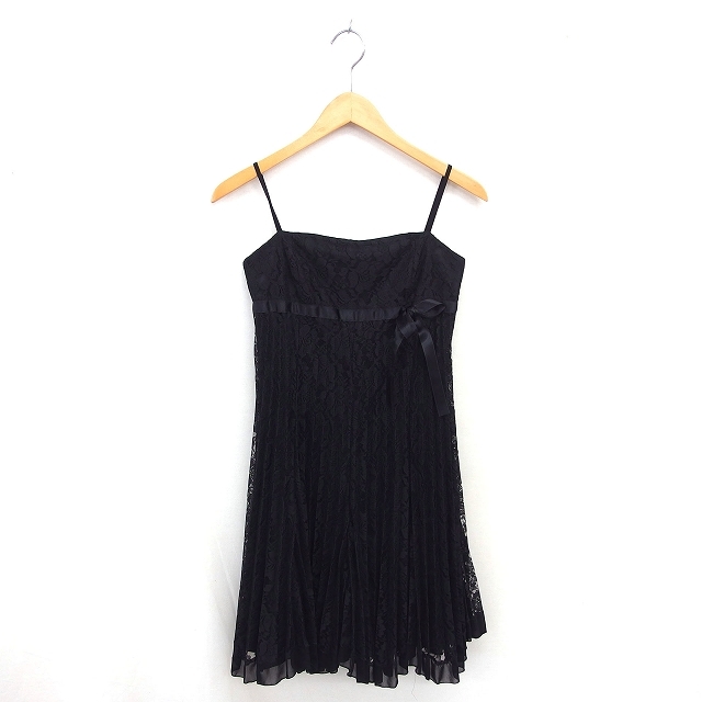 クイーンズコート QUEENS COURT キャミワンピ ワンピース レース プリーツ ひざ丈 リボン ノースリーブ 2 黒 ブラック /TT レディース拍卖