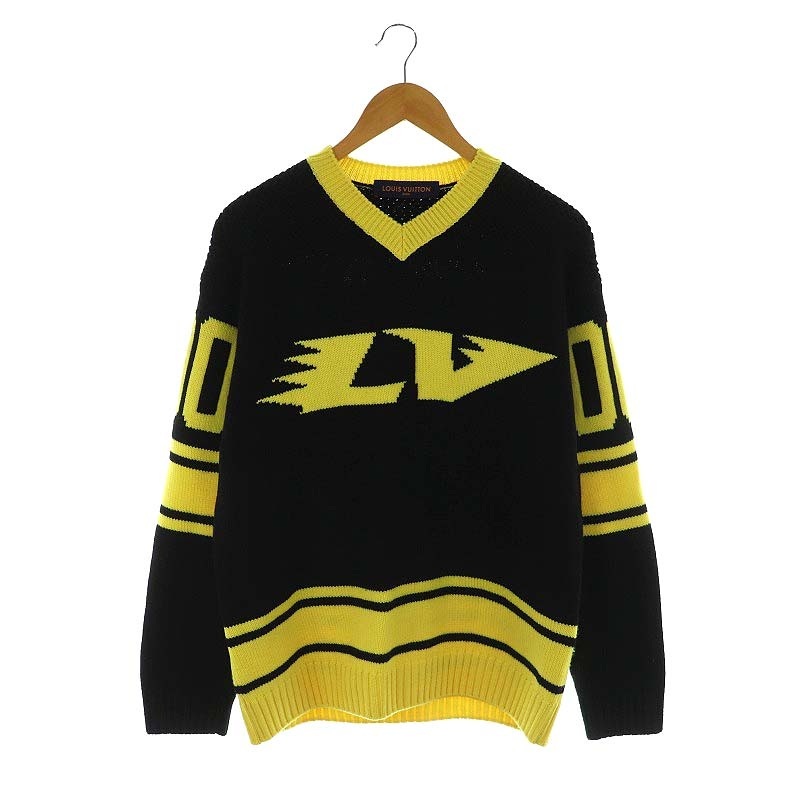 ルイヴィトン LOUIS VUITTON LVインタルシアフットボールニット セーター 長袖 Vネック ウール XS 黒 黄色 ブラック イエロー HMN86W /MI拍卖