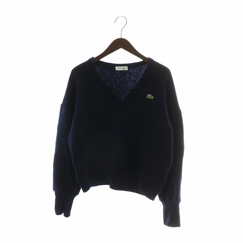 ラコステ LACOSTE CHEMISE フレラコ フランス製 80's ヴィンテージ セーター ニット ウール 長袖 Vネック ロゴ ワッペン S 紺拍卖