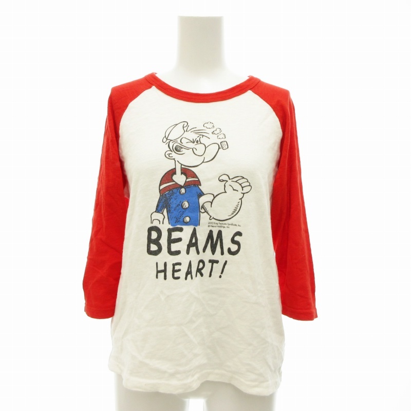 ビームスハート BEAMS HEART リンガーTシャツ 七分袖 ポパイ プリント F 白 ホワイト 赤 レッド /TZ レディース拍卖