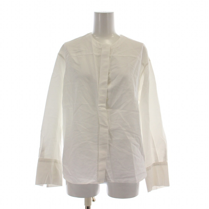 キャバン CABaN コットンリキッドストライプスカーフノーカラーシャツ ブラウス 長袖 無地 S 白 ホワイト 39-01-01-01003拍卖
