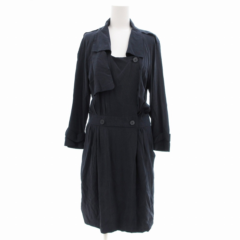 ラコステ LACOSTE 総シルク ワンピース ひざ丈 長袖 絹 トレンチ風デザイン 40 紺 /JS レディース拍卖