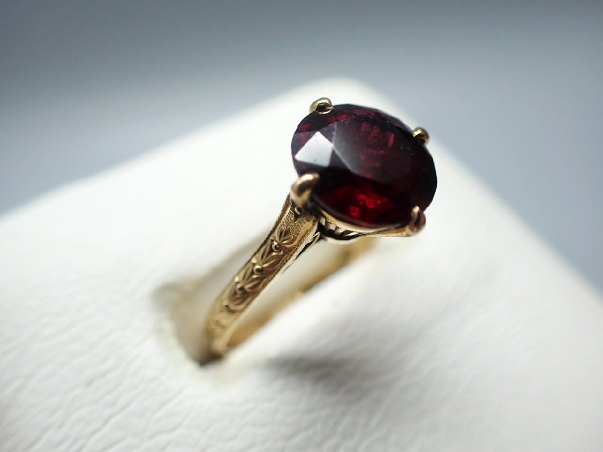 【昭和ヴィンテージ】天然ロードライトガーネット K18彫金師リング 11号 ソーティング付拍卖