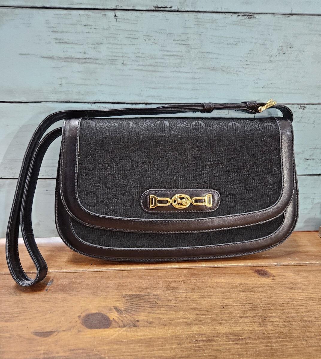 美品☆CELINE オールドセリーヌ 2way ショルダーバッグ クラッチ ロゴ柄 キャンバス×レザー 馬車金具拍卖