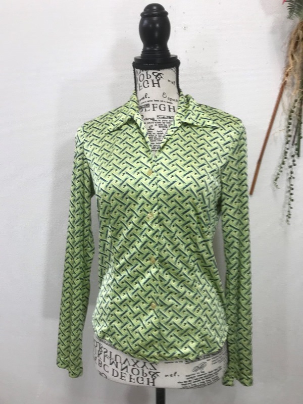 3658 レディース 【 Guess 】 エリ付き 長袖シャツ サイズ:S 色:グリーン柄入り拍卖