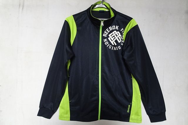 Reebok/リーボック/長袖トラックジャケット/ジャージ素材/前ジップアップ/ライムグリーン切替/濃紺/ダークネイビー/Lサイズ(3/27R7)拍卖