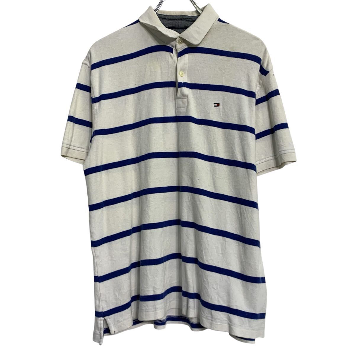 TOMMY HILFIGER 半袖 ポロシャツ M ホワイト ブルー トミーヒルフィガー ハーフボタン ボーダー 総柄 古着卸 アメリカ仕入 a703-5696拍卖