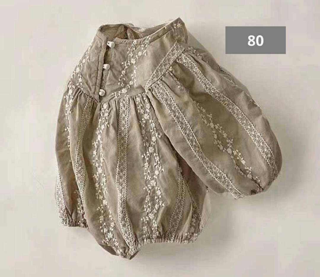 【新品未使用】ブラウン 刺繍 レース ロンパース 80 韓国子供服拍卖