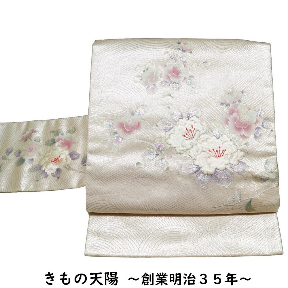 名古屋帯 波頭に牡丹模様 刺繍 銀色系 正絹 名古屋 帯 中古 なごや帯 リサイクル着物 女性和服 着物 帯 セミフォーマル きもの天陽拍卖