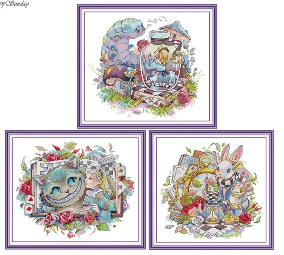 クロスステッチキット アリスワールド3点セット 白うさぎ チェシャ猫 あおいもむし 14CT 布に図案印刷あり 刺繍拍卖