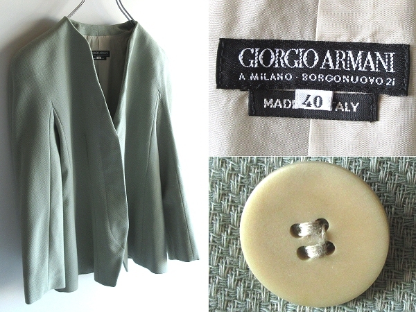 希少 ビンテージ GIORGIO ARMANI ジョルジオアルマーニ ウールヘリンボーンツイード カラーレスジャケット 40 ライトグリーン イタリア製拍卖