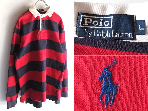 希少 90sビンテージ Polo by Ralph Lauren ラルフローレン ポロポニーロゴ刺繍 ボーダー ラガーシャツ L レッド ナス紺 国内正規品拍卖