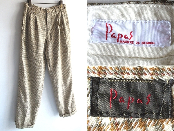 高級 Papas パパス ミニロゴワッペン ウール チェック タックパンツ スラックス M ベージュ 日本製拍卖