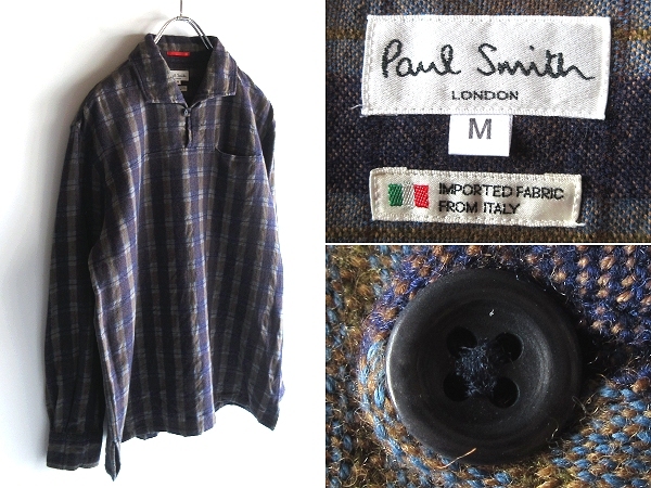 希少 90sビンテージ Paul Smith LONDON ポールスミス イタリア製生地 ウールコットン プルオーバーシャツ チェックネルシャツ M 日本製拍卖