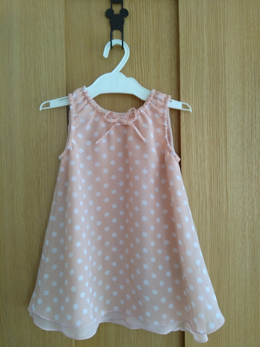 MIAMAIL キッズ ベビー服 80 シフォン ノースリーブ チュニック 白×ピンク ドット柄 水玉 女児 裏地付 セット Aライン リボン付 くすみ拍卖