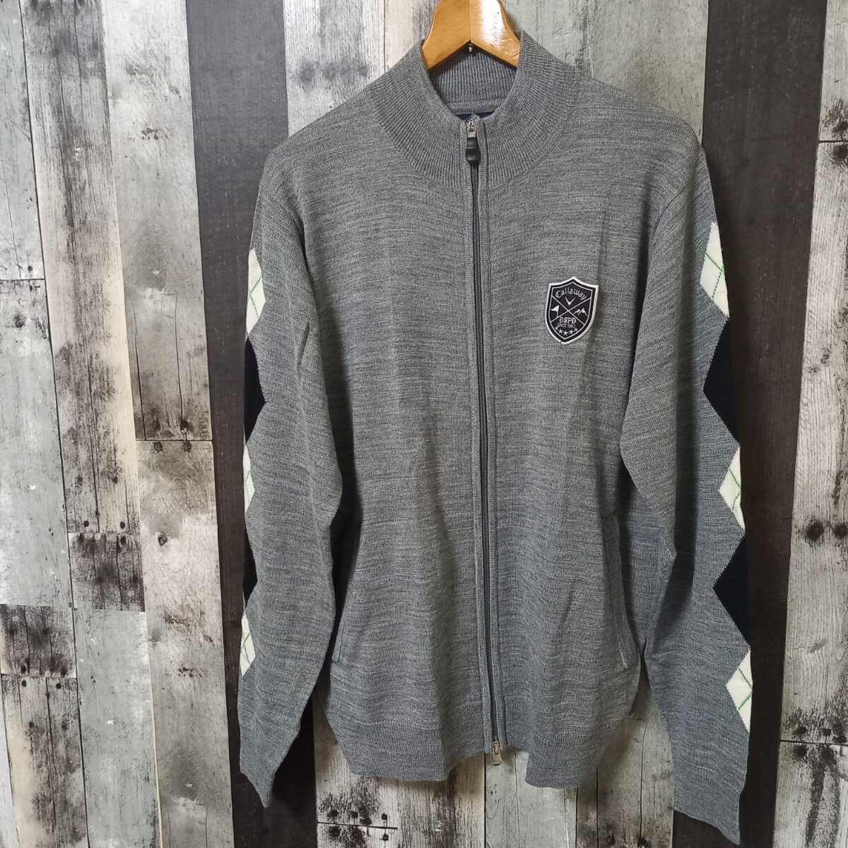 Callaway キャロウェイ ニット ジャケット LLサイズ ジップ アーガイル ワッペン 刺繍 グレー系 ゴルフ メンズ拍卖