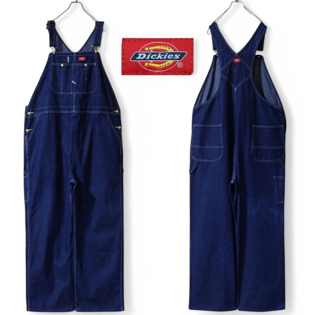 6445/Dickies濃紺デニムオーバーオール44(W123cm)●洗濯プレス済●カバーオール ワークパンツ サロペットディッキーズジーンズゆるだぼ古着拍卖